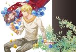  bad_id bad_pixiv_id blonde_hair blue_flower blue_rose bracelet brown_hair facial_hair fate/zero fate_(series) flower gilgamesh goatee jewelry male_focus multiple_boys necklace petals red_eyes rose seigorou1225 toosaka_tokiomi yellow_flower yellow_rose 