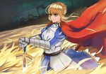  ahoge armor armored_dress artoria_pendragon_(all) bad_id bad_pixiv_id blonde_hair cape dress excalibur fate/zero fate_(series) fire green_eyes hand_on_hilt hands_on_hilt saber short_hair solo sword weapon yin2929 