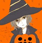  brown_eyes brown_hair dark_souls english hat jack-o'-lantern lowres orange_background pumpkin short_hair solo souls_(from_software) witch witch_beatrice witch_hat 