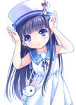  :o armpits arms_up bag black_hair blue_eyes blush bunny_pose dress hat hat_ribbon long_hair looking_at_viewer original ribbon sailor_dress sailor_hat simple_background solo white_background xiangtu 