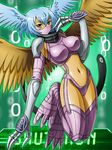  blue_eyes blue_hair breasts claws digimon digimon_collectors digimon_frontier female gauntlets green_background hair harpy head_wings high_collar huge_breasts large_breasts long_gloves lowres mask midriff monster_girl navel not_furry panties plain_background short_hair shutumon solo tail talons thighhighs thong underwear unknown_artist wings zephyrmon 