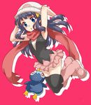  :&lt; armpits arms_behind_head beanie bird black_hair black_legwear blue_eyes boots full_body gen_4_pokemon hair_ornament hairclip hat hikari_(pokemon) irouha jumping long_hair miniskirt penguin pink_footwear piplup pokemon pokemon_(creature) pokemon_(game) pokemon_dppt red_scarf scarf skirt sweatdrop thighhighs 