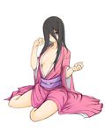  1girl black_hair blush breasts cleavage hair_over_one_eye highres japanese_clothes kimono large_breasts long_hair off_shoulder original purple_eyes simple_background sitting smile solo user_act white_background 