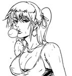  4chan bare_shoulders bb_(baalbuddy) bikini_top breasts bubble_blowing chewing_gum cleavage covered_nipples earrings greyscale hair_ribbon half-closed_eyes hoop_earrings jewelry large_breasts lips monochrome necklace nose original ponytail ribbon sideboob solo sweat waifu-tan 