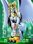  animal_ears armor cat_ears cat_tail claws digimon digimon_collectors egyptian feline female fur gauntlets green_background kneeling lowres mammal mask monster_girl nefertimon plain_background shoulder_pads solo sphinx tail unknown_artist white_feathers white_fur wings 