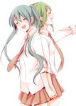  aqua_hair back-to-back bad_id bad_pixiv_id green_hair gumi hatsune_miku hekiiro long_hair multiple_girls necktie open_mouth short_hair skirt smile twintails vocaloid 