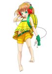  absurdres backpack bad_id bad_pixiv_id bag barefoot blush c.c._lemon c.c._lemon_(character) full_body green_eyes headphones highres open_mouth shorts simple_background solo weien white_background 