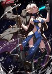  absurdres armpits artoria_pendragon_(all) artoria_pendragon_(swimsuit_rider_alter) bare_shoulders blonde_hair breasts choker cleavage collarbone contrapposto crown dragunov_svd fate/grand_order fate_(series) food gloves glowing gun halterneck highres jeanne_d&#039;arc_(alter_swimsuit_berserker) jeanne_d&#039;arc_(fate)_(all) lips lipstick looking_at_viewer looking_to_the_side makeup medium_breasts navel navel_cutout pale_skin pinky_out popsicle profile rifle skindentation sniper_rifle standing thighhighs thong trench_coat water weapon wind yellow_eyes 