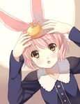  :o animal_ears arms_up blush brown_eyes bunny_ears collarbone food from_above fruit looking_up orange original pink_hair short_hair solo xiangtu 