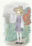  blonde_hair hat kitano_(kitanosnowwhite) moriya_suwako rain silver_eyes sketch sleeves_past_wrists solo standing thighhighs touhou tree white_legwear 