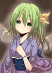  blue_kimono bracelet daiyousei fairy_wings green_eyes green_hair hair_ribbon japanese_clothes jewelry kimono ribbon sid side_ponytail solo touhou wings yamasuta yukata 