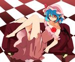  bad_id bad_pixiv_id bare_shoulders barefoot bat_wings blue_hair checkered checkered_floor couch dress flower hat looking_at_viewer po._(medamaoyazi) pointy_ears red_eyes remilia_scarlet rose short_hair solo touhou wings 