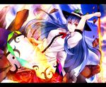  arm_up bad_id bad_pixiv_id blue_hair food fruit hat highres hinanawi_tenshi holding izayoi-saki letterboxed long_hair peach red_eyes rock solo sword_of_hisou touhou 