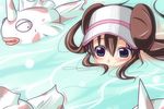  aqua_eyes blush brown_hair double_bun gen_1_pokemon goldeen mei_(pokemon) nishi_koutarou partially_submerged pokemon pokemon_(creature) pokemon_(game) pokemon_bw2 swimming twintails visor_cap 