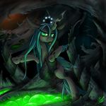  black_body cave changeling female feral friendship_is_magic green_eyes green_hair hair horn looking_at_viewer my_little_pony queen_chrysalis_(mlp) solo starlight_spark tongue tongue_out wings 