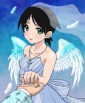  angel_wings bare_shoulders black_hair collarbone cross cross_necklace dress feathers fuura_kafuka green_eyes holding_hands itoshiki_nozomu japanese_clothes jewelry kimono looking_at_viewer necklace sayonara_zetsubou_sensei sekisiki short_hair smile spoilers veil wedding_dress wings 