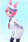  :d animal_ears black_legwear blush bunny_ears dated hat open_mouth original outline pink_hair red_eyes school_uniform serafuku short_hair smile solo thighhighs xiangtu 