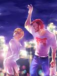  beard blonde_hair casual facial_hair fate/zero fate_(series) gilgamesh highres hoshiyume_yashiro male_focus multiple_boys night red_eyes red_hair rider_(fate/zero) 