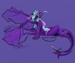  blue_hair bra clothed clothing dragon eyewear female goggles hair half-closed_eyes long_hair looking_at_viewer navel panties pira plain_background purple_theme reclining skimpy smile solo tongue tongue_out underwear wings 