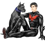  1boy ace_(dc) bat_symbol batman batman_(series) batman_beyond black_hair cape dc_comics dcau dog gloves male male_focus power_armor simple_background sitting solo terry_mcginnis 