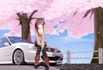  black_legwear braid breasts brown_hair car cherry_blossoms citroen citroen_xsara cleavage ground_vehicle long_hair looking_at_viewer medium_breasts motor_vehicle on_vehicle original pantyhose petals purple_eyes single_braid sitting smile solo tree uttt 