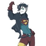  1boy black_hair blue_eyes bodysuit dc_comics gloves jacket ladama looking_at_viewer male male_focus simple_background smile solo superboy superman_(series) young_justice 