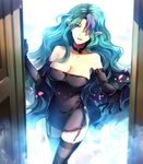  aqua_eyes aqua_hair black_gloves black_legwear breasts choker cleavage dress elbow_gloves garter_straps gloves hair_over_one_eye highres large_breasts light_particles long_hair misery_(outer_zone) multicolored_hair open_door open_mouth outer_zone pointy_ears purple_hair reaching short_dress smile smoke solo sunakumo thighhighs two-tone_hair wavy_hair zettai_ryouiki zipper 