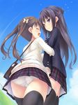  :d ^_^ arm_holding arm_hug bag black_hair black_legwear blazer blue_eyes blush brown_hair closed_eyes from_below jacket long_hair multiple_girls open_mouth original panties plaid plaid_skirt ryo school_uniform skirt smile sweater thighhighs twintails underwear white_panties 