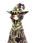  1girl blue_eyes blush cloak glowing hat highres kaminari original purple_hair short_hair simple_background skull smile solo user_act white_background witch_hat 