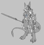  armor blue_eyes claws dragon female grey_background monochrome pira plain_background polearm scalie solo warrior weapon 