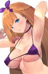  1girl :o adjusting_hair arched_back arm_behind_head arm_up armpits bikini blonde_hair blue_eyes blush bow braid breasts choker collarbone dutch_angle earrings erect_nipples furukawa_itsuse hair_bow highres jewelry long_hair looking_at_viewer looking_to_the_side micro_bikini original purple_bow purple_swimsuit sideboob solo swimsuit underboob white_background 