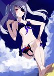  bare_shoulders barefoot bikini cloud day eyepatch front-tie_top hand_on_hip infinite_stratos kagetomo_midori laura_bodewig navel red_eyes silver_hair sky solo swimsuit twintails wet 