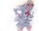  blonde_hair blue_eyes blush dress finger_to_mouth fingerless_gloves frilled_skirt frills gloves hand_on_hip lili_(tekken) long_hair looking_at_viewer sasaoka_gungu shushing skirt solo tekken white white_background 