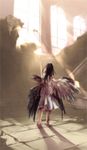  asymmetrical_wings bare_shoulders barefoot black_hair dress feathered_wings from_behind highres indoors light_particles light_rays long_hair original ruins shadow shirou_(j00630) solo stairs standing sunbeam sunlight window wings 