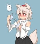  1girl animal_ears bare_shoulders blue_background blush detached_sleeves gazacy_(dai) hat inubashiri_momiji red_eyes ripping short_hair silver_hair simple_background solo tail tearing_paper tokin_hat touhou upper_body wolf_ears wolf_tail 