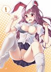  1girl animal_ears bad_id bad_pixiv_id bare_shoulders black_legwear blush bra breasts breasts_outside bunny_ears bursting_breasts buttons cofepig dress_shirt highres lavender_hair long_hair medium_breasts nipples no_panties open_clothes open_shirt pussy red_eyes reisen_udongein_inaba shirt skirt solo tears thighhighs thighhighs_pull touhou uncensored underwear very_long_hair white_legwear 