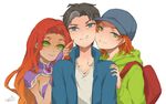  1girl 2boys alien arsenal_(dc) baseball_cap blue_eyes dc_comics green_eyes hat jason_todd multicolored_hair multiple_boys nato orange_hair red_hair red_hood red_hood_(dc) roy_harper smile starfire two-tone_hair 