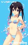  bare_shoulders bikini black_hair bow breasts copyright_request dasoku_sentarou groin hair_bow long_hair looking_at_viewer medium_breasts navel parted_lips purple_eyes side-tie_bikini solo striped striped_bikini swimsuit twintails untied 
