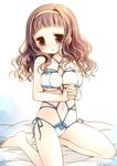  bdsm bikini blush bondage bound breasts brown_eyes brown_hair collarbone hairband hands_clasped higanbana_no_saku_yoru_ni kusunoki_midori long_hair medium_breasts navel own_hands_together raised_eyebrows sakurazawa_izumi shibari shibarikini sitting solo swimsuit 