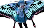  alternate_hairstyle antennae aqua_hair bad_id bad_pixiv_id blue_wings butterfly_wings closed_eyes detached_sleeves double_bun hatsune_miku head_wings jini music open_mouth simple_background singing skirt solo thighhighs vocaloid wings zettai_ryouiki 