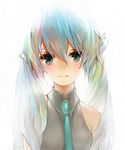  aqua_eyes aqua_hair closed_mouth hatsune_miku long_hair looking_at_viewer necktie simple_background smile solo ta_(shyura) twintails upper_body vocaloid 