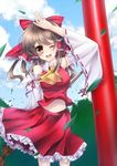  ascot bad_id bad_pixiv_id bare_shoulders bow broom detached_sleeves hair_bow hair_tubes hakurei_reimu highres navel one_eye_closed open_mouth red_eyes short_hair siyusiyu13 skirt smile solo torii touhou wide_sleeves 