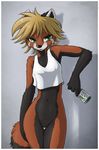  alcohol beer beverage black_fur blonde_hair bottle bottomless clothed clothing edit female fur green_eyes hair half-dressed jay_naylor looking_at_viewer lynne mammal no_vag red_fur red_panda reverse_countershading shirt skimpy solo 