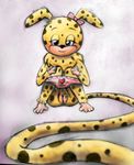 blush cub cute electricfox female fur long_tail marsupilami panties plain_background presenting pussy ribbons smile solo spotted spread_legs spreading underwear white_background yellow_fur young 