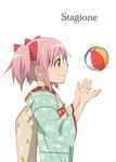  ball bangs closed_mouth flat_chest floral_print from_side hair_ribbon italian japanese_clothes kaname_madoka kimono looking_away looking_up mahou_shoujo_madoka_magica obi pink_eyes pink_hair playing profile red_eyes ribbon sash short_hair short_twintails simple_background smile solo temari_ball torinone translated twintails upper_body white_background wide_sleeves 