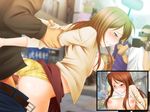  1girl arm_grab ass blush breasts brown_hair camera censored clenched_teeth cum ejaculation ero-shiki_kanjo_sentouki filming long_hair nipples open_mouth panties penis public rape sex shirt_lift skirt sweatdrop tears teeth underwear upskirt vaginal yellow_panties 