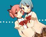  bad_id bad_pixiv_id banned_artist blue_background blue_eyes blue_hair hair_ornament hair_ribbon hairclip hug itou_mikan kaname_madoka mahou_shoujo_madoka_magica miki_sayaka multiple_girls pink_eyes pink_hair plaid plaid_skirt ribbon school_uniform short_twintails skirt smile twintails 