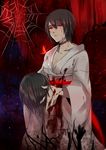  blood bloody_clothes bloody_tears breasts brown_hair bug butterfly cleavage fatal_frame fatal_frame_2 head highres insect japanese_clothes kimono kurosawa_sae kurozatou_owata medium_breasts obi red_string sash short_hair silk spider_web string 