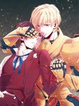 armor blonde_hair blue_eyes brown_hair earrings facial_hair fate/zero fate_(series) formal gilgamesh goatee gucce222 jewelry light_particles male_focus multiple_boys red_eyes suit toosaka_tokiomi 