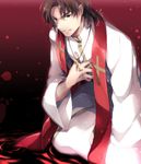  brown_eyes brown_hair cross cross_necklace fate/stay_night fate_(series) jewelry kotomine_kirei kuroemon male_focus md5_mismatch necklace priest robe solo stole 